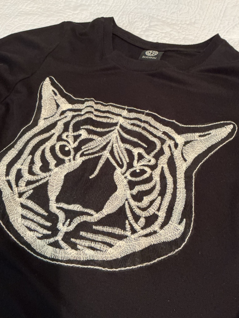 bobeau Black Knit Top With Embroidered Tiger Head, Relaxed XS